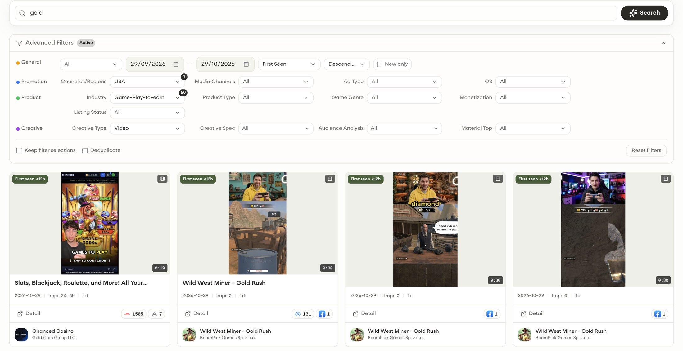AdMapix 中美国卡牌游戏市场 gold 视频广告的真实 Creative Search 结果