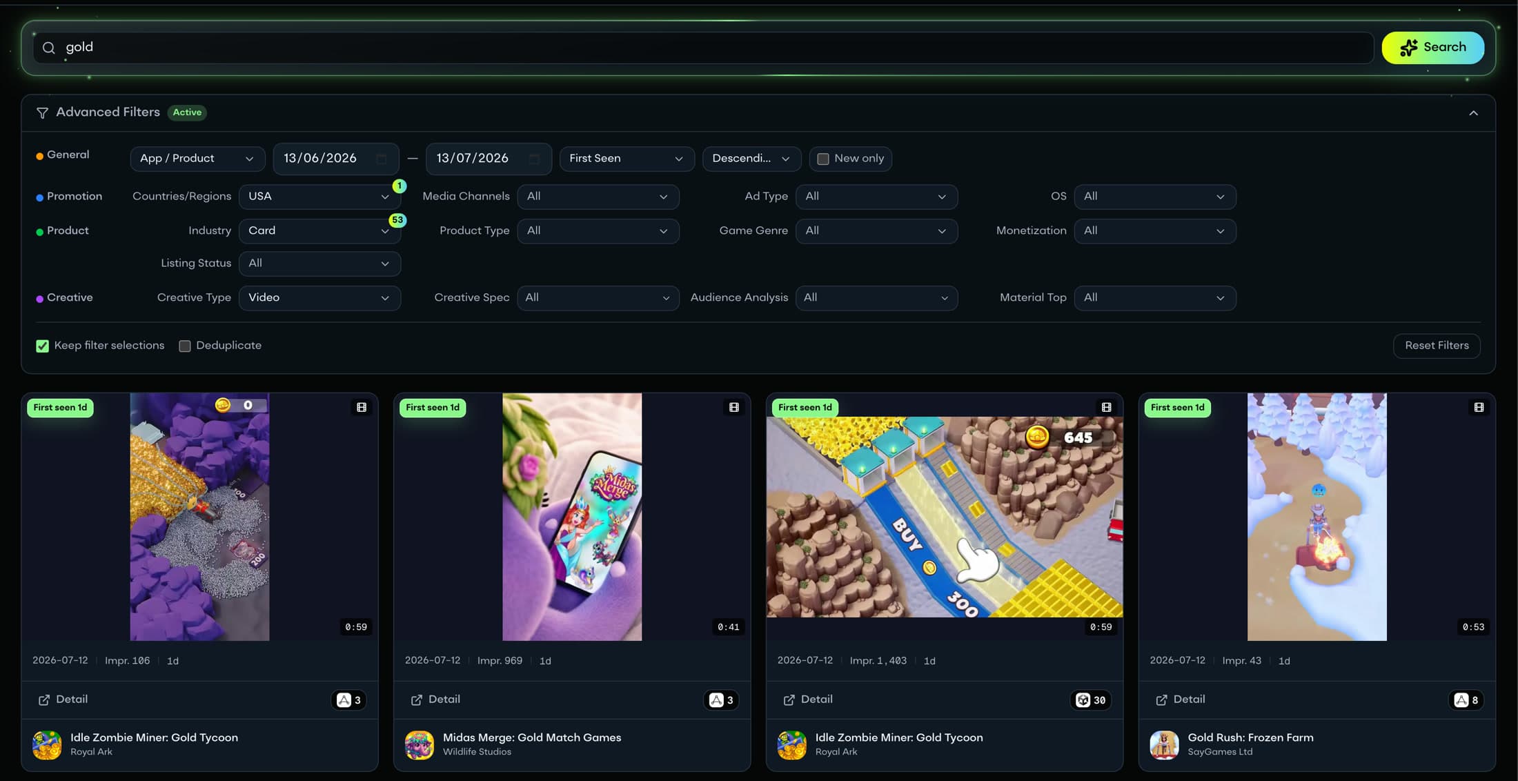 AdMapix 素材搜索中 gold、美国、Card 和 Video 固定查询的界面快照