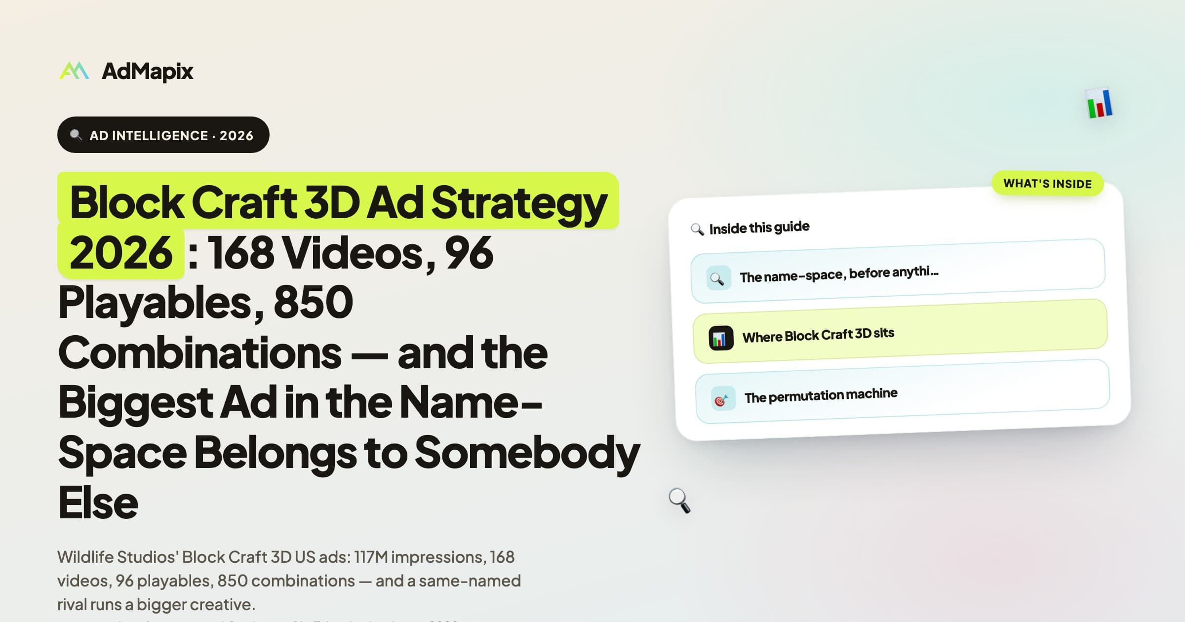 Block Craft 3D Ad Strategy 2026: 168 Videos, 96 Playables, 850 Combinations — and the Biggest Ad in the Name-Space Belongs to Somebody Else